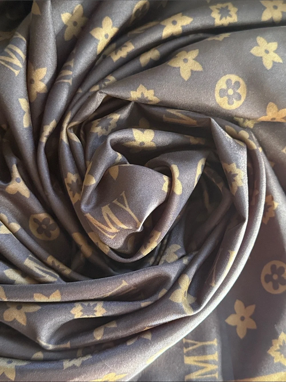 Silky Brown & Gold Monogram Floral Medalion Motifs Square Vintage Scarf